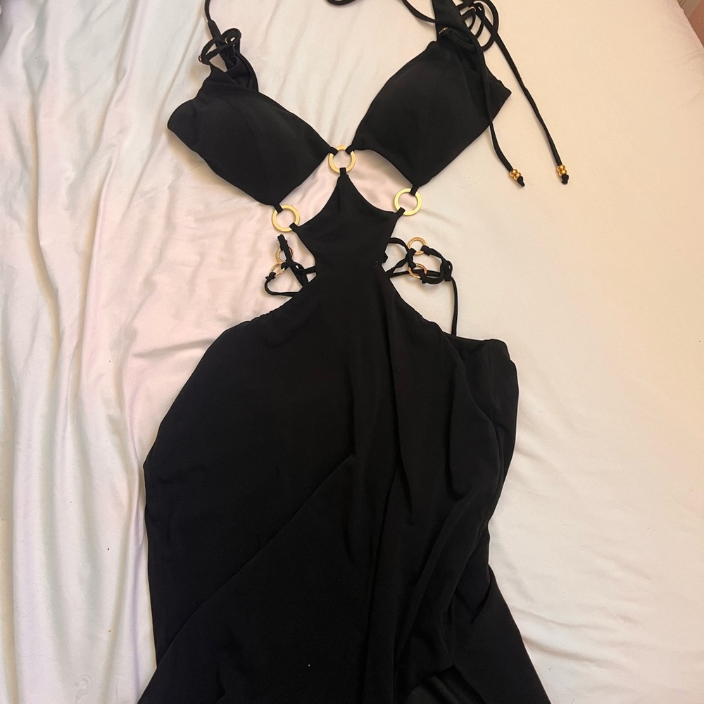 Windsor Black Backless Cutout Maxi Dress with Gold Ring Details